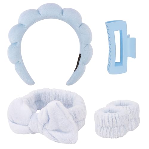 SPA Headbands for Washing Face Makeup Headbands with Bow Hair Band Women Facial Head Band Wrist Towel Wraps For Shower Face Mask Blue, 5 Pack - color: Sky Blue