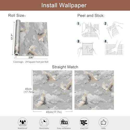 Vintage Crane Cloud Peel and Stick Wallpaper, Chinoiserie Gray Wallpaper - size: 17.7" x 236"