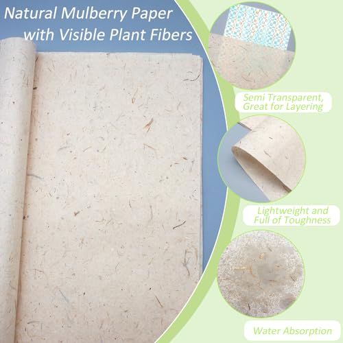 Benvo 50 Sheets A4 Natural Mulberry Paper Visible Leaves Fiber Rice Paper Printable Decoupage Tissue Paper Sheets for Writing, Painting, Card Making, DIY Crafts(8.3x11.7in, Semi Transparent Jute) - color: natural jute