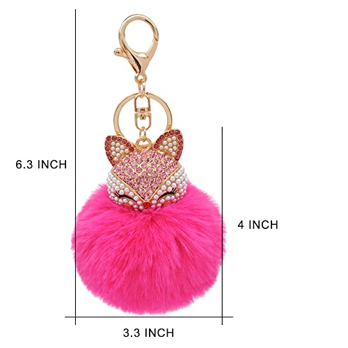 Faux Rabbit Fur Pom Pom Keychain with Fox Head - color: Rose Red