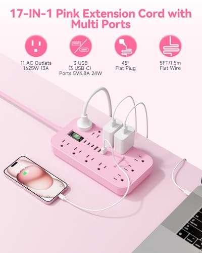 Pink Extension Cord with Multiple Outlets- 5 FT - color: Pink, size: 5FT