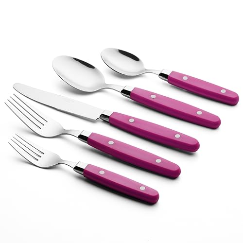 ANNOVA Silverware Set Stainless Steel Cutlery Color Handle With Rivet/Retro Flatware (Pink, 20 Pieces) - color: Hot Pink