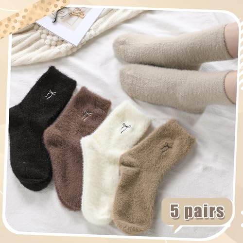 Geyoga 5 Pairs Fuzzy Bow Socks for Women Fluffy Slipper Gift - color: Neutral