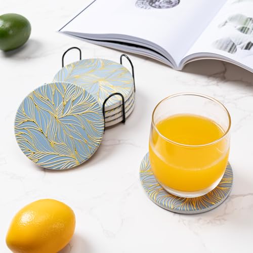 6Pcs Absorbent Coasters Set with Holder,Ceramic Drink Coaster,4 in（A7） - color: Gilded Relief