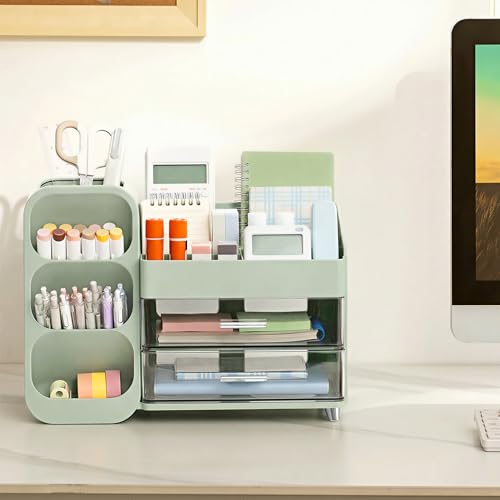 HBlife Desk Organizer with Pen Pencil Holder for Desk, Pen Organizer with 2 Drawers, Desk Organizers and Accessories with 4 Compartments, Desktop Storage for Office Home School Art Supplies, Green - color: Green