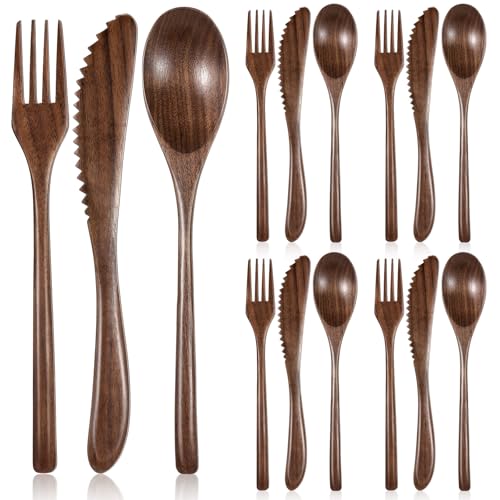 Geiserailie 12 Pcs 12 Pcs Wooden Utensils Spoon Fork Knife Set, Walnut Wood