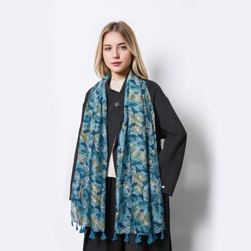 QIUTIMIY Scarf for Women Lightweight Soft Floral Leopard Printed Scarves Fall Winter Fashion Shawl Wrap with Fringe - color: Flower-green White