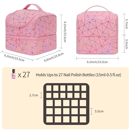 CUBETASTIC Nail Polish Organizer Bag, Double Layer Nail Tech Travel Case Holds 27 Bottles & Nail Lamp, Pink Nail Storage Organizer Box for Supplies, Portable Manicure Case - color: Triangle Pink, size: 27 Slots
