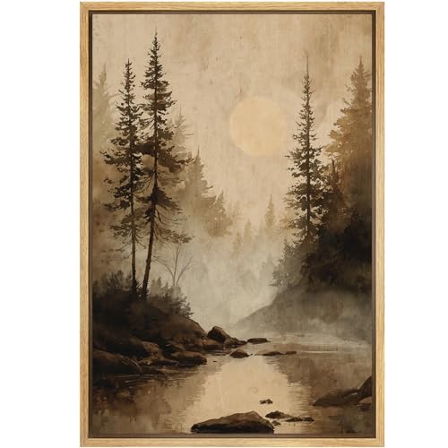 SIGNFORD Framed Canvas Print Wall Art Misty Forest River Landscape Rustic Woodland Scene with Sun Illustrations Modern Art Decorative Relax/Zen for Living Room, Bedroom, Office - 16x24 Natural - color: B08-2508-ll30, size: 24"L x 16"W