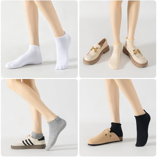 No Show Socks Womens Low Cut Non Slip Ruffle Ankle Socks 6 Pairs - color: White（6 Pairs）