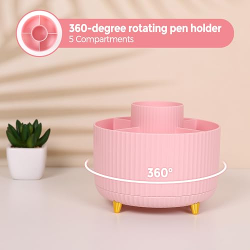 SKYDUE Pink Desk Accessories 11Pcs with Rotating Pen Holder for Desk - color: Pink