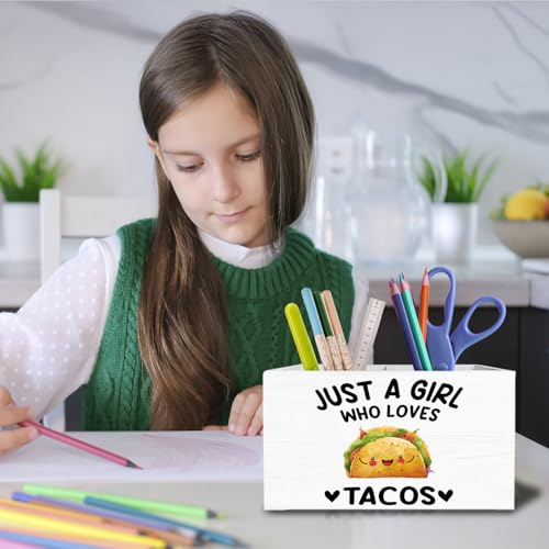 Mexican Taco Pen Holder for Desk, Gifts for Taco Lovers Pencil Organizer, Just a Girl Who Loves Tacos Wooden Box Sign Desk Decor for Home Office Decoration - color: TACOS