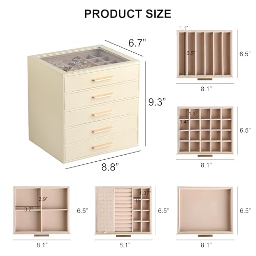 Frebeauty Jewelry Box for Women,Clear Lid Jewelry Organizer with 5 Drawers - color: Beige, size: 5 Drawer