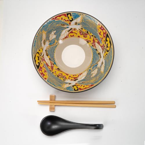 Urban Tokyo 24oz Large Ceramic Ramen Bowl Set with Chopsticks, Spoon & Bamboo Rest – Oriental Japanese Design, Microwave & Dishwasher Safe, Crane Design - color: Japanese Crane