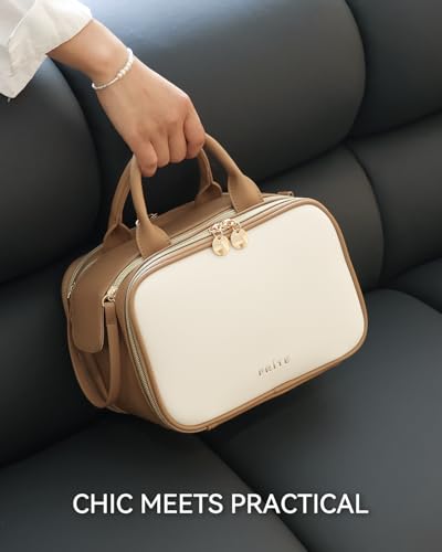Prite Large Makeup Bag, Waterproof Travel Cosmetic Case with Brush Holder - color: Beige-Brown, size: Large