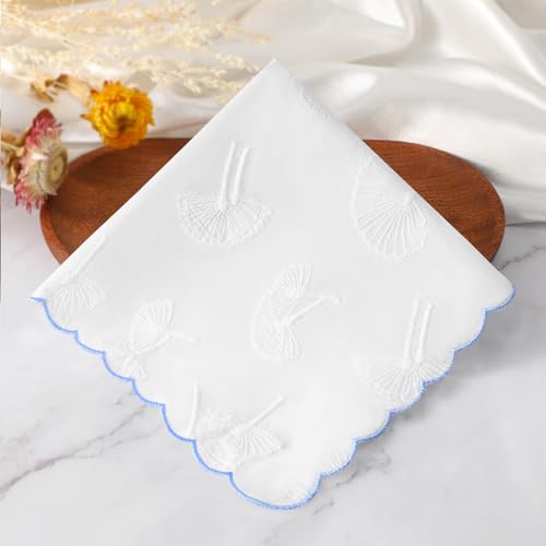 DoreenBeads Women's Cotton Handkerchiefs Scallop Embroidered Ladies Hankies - color: White-blue Hems