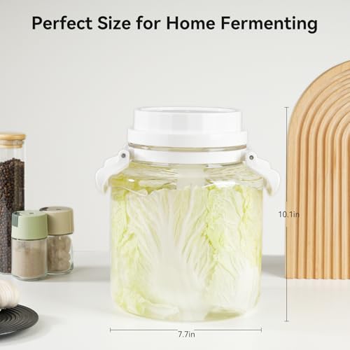 1.3 Gallon Plastic Fermentation Jars - Kimchi Fermenting Container with Auto Weight Press Plate & One Way Exhaust Valve, Wide Mouth Sauerkraut Fermenter Making Set for Pickling Canning Sauce