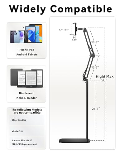 VOLTIFYMAX Floor Stand Kindle Holder with Remote Page Turner for Reading in Bed, Tablet Mount with Clicker, Kindle Accessories Tablet Stand Holder for Kindles Tablets iPhones 4.7-12.9 inch(Black)