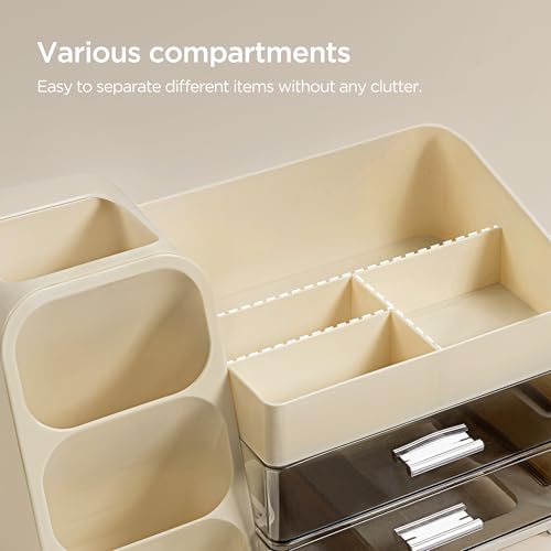 HBlife Desk Organizer with Pen Pencil Holder for Desk, Pen Organizer with 2 Drawers, Desk Organizers and Accessories with 4 Compartments, Desktop Storage for Office Home School Art Supplies, Beige - color: Beige