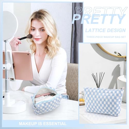 EIMMBD Makeup Bag 3 Pieces Large Capacity Checkered Cosmetic Bags Travel Toiletry Bag Organizer Cute Makeup Pouch Storage for Women(Blue) - color: Blue