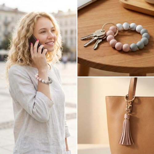 BIHRTC Key Ring Bracelet Car Keychain Holder Wristlet Silicone Women Beaded Bangle Chains - color: Grey Pink