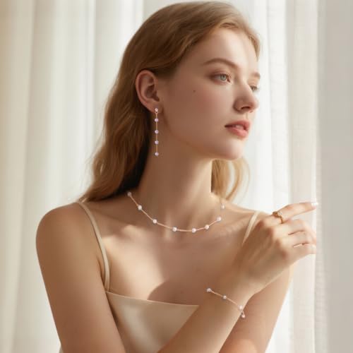 Gold Jewelry Set for Women Dainty 14K Gold Plated Pearl Choker Necklace Drop Earrings Bracelet Wedding Bride Graduation Gift