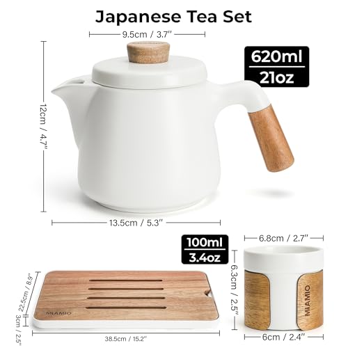 MIAMIO - Japanese/Chinese Tea Set 6 x 3.4 oz/Asian Tea Pot 21 oz with Tea Infuser, Traditional Japanese Tea Cups Set for Tea Lovers/Men/Women (White) - color: White