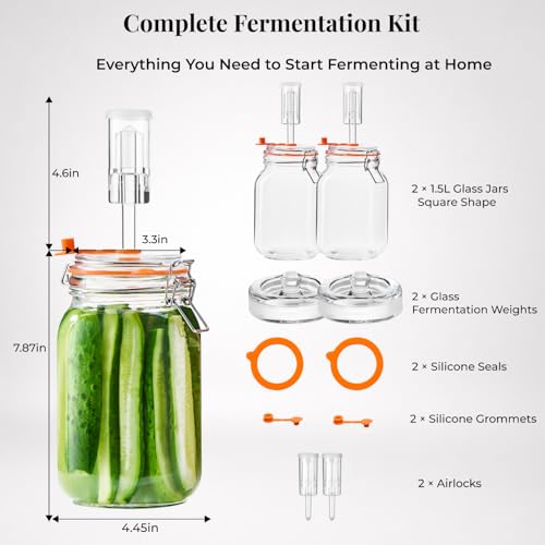 JILLMO 1.5L Wide Mouth Glass Fermentation Jar with Airlock & Weight, 2 Pack - size: 1.5 Liter