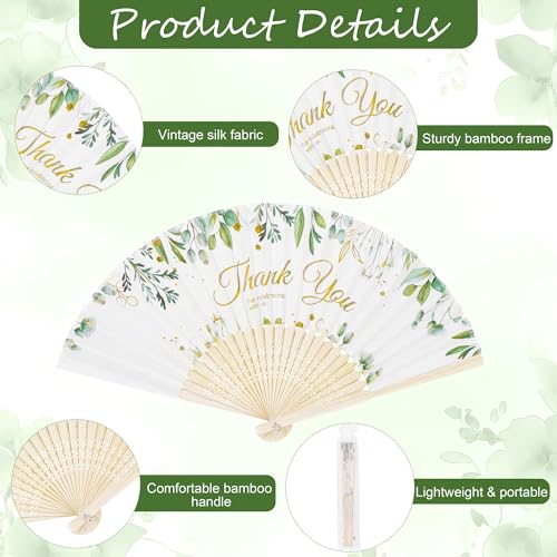 Aneco 30 Sets Green Leaves Wedding Folding Fans, Bamboo Handheld Folding Fans with Organza Bags Table Sign, Thank You Vintage Silk Handheld Fan for Bridal Shower Wedding Party Decorations - color: Green Leaves