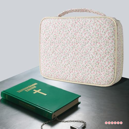 Large Bible Cover Case for Women, Large Floral Quilted Cotton Bible Carrying Cases Protective Bag with Handle and Zippered Pocket for Christian, Bible Study Supplies Christian Gifts (Pink Floral)