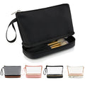 Small Makeup Bag 2 Layers Travel Cosmetic Bag with Makeup Brush Compartment - color: 02-nylon black