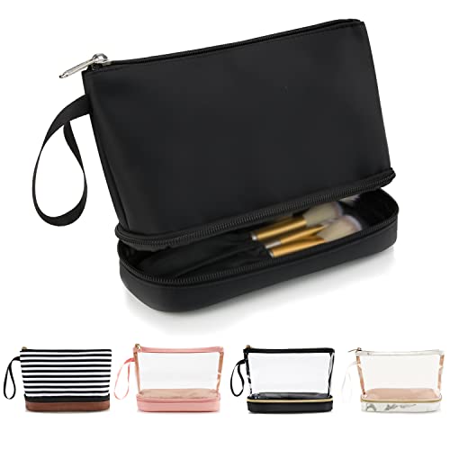 Small Makeup Bag 2 Layers Travel Cosmetic Bag with Makeup Brush Compartment - color: 02-nylon black