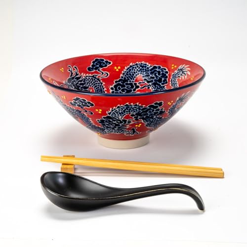 Urban Tokyo 24oz Large Ceramic Ramen Bowl Set with Chopsticks, Spoon & Bamboo Rest – Oriental Japanese Design, Microwave & Dishwasher Safe, Red Dragon - color: Red Dragon