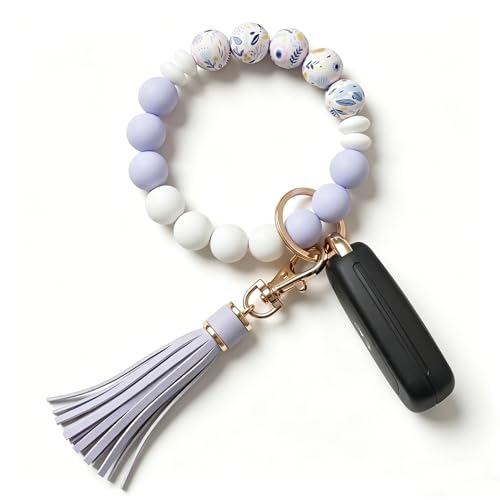 BIHRTC Key Ring Bracelet Car Keychain Holder Wristlet Silicone Women Beaded Bangle Chains - color: Pink Floral