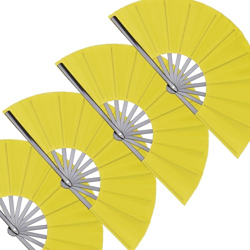 4 Pack Large Folding Hand Fan, Yellow Chinese Kung Fu Tai Chi Fan Nylon-Cloth Fan For Men And Women Performance, Dance, Decorations, Festival, Gift (4p Folding fan yellow) - color: 4p Folding fan yellow