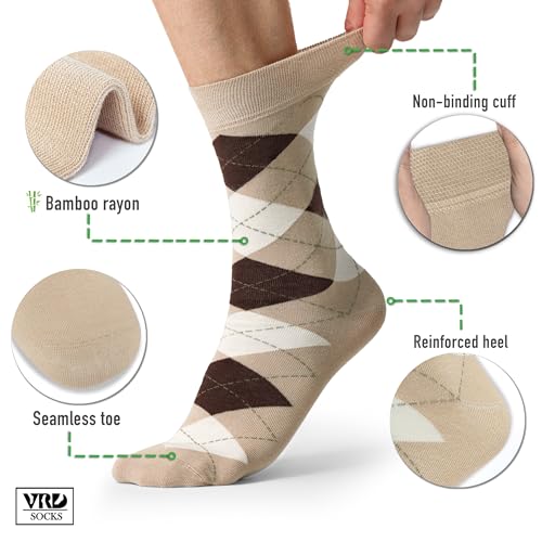 VRD Men's Dress Socks Bamboo Rayon, 5-Pack Crew Socks, Multiple Colors and Designs, Shoe Size 8-13, Gift Box - color: 05: Camel Beige, 5-pack Mix (2 Solid, 1 Striped, 1 Dotted, 1 Argyle)