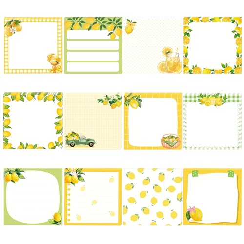 12 Pads Lemon Sticky Notes Set, 3x3 Inch Yellow Green Lemon Pattern Self Adhesive Memo Pads, 240 Sheets Summer Themed Sticky Notes for Writing Reminders, Page Markers, School Classroom Study, Office