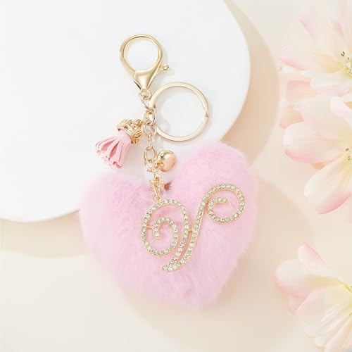 Initial Letter Heart Pom Pom Keychain for Women Pink Soft Fluffy Ball Key Ring for Purse Backpack Handbag - color: V