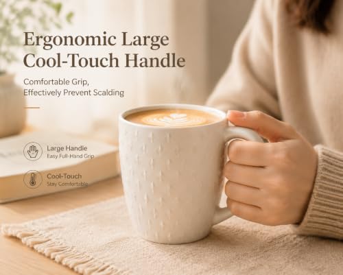 14 oz Ceramic Coffee Mugs Set of 4, White Stoneware Cups with Handle - color: Embossed-4PCS