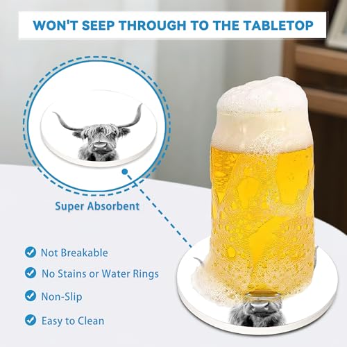 Highland Cow Coasters Set of 4, Absorbent Ceramic Drink Coasters with Cork Backing, Western Theme Coasters for Table Home Décor, Ideal Gifts for Women Men - color: Highland Cow