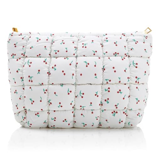 Hillban Cherry Color Puffy Quilted Makeup Bag for Women Gift, Classic - color: Cherry Color, size: Classic