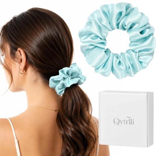Silk Scrunchie 1.4" Medium Wide 6A 22 Momme 100% Mulberry Silk Hair Ties,Gentle on Hair No Damage No Crease for Women Girls Curly Thick Wavy Hair,Sample Fabric Provided (1, Light Blue) - color: Light Blue