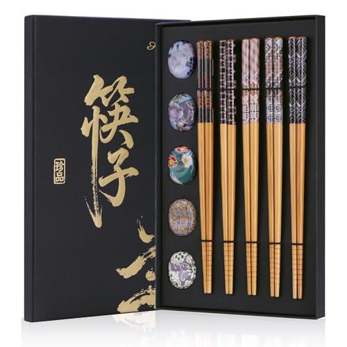 Antner 5 Pairs Reusable Bamboo Chopsticks with Ceramic Rests, 8.8 Inch Japanese Style Chop Sticks with Chopstick Holders for Sushi Ramen Asian Cuisine, Elegant Black Gift Box for Home or Gift Giving - color: Geometric Floral Print Chopsticks Set