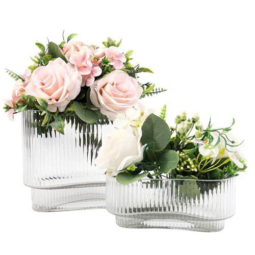Short Glass Vases, Set of 2 Clear Glass Vases for Tulips, Ribbed Vase for Flowers, Modern Small Vase for Living Room, Dining Room, Bathroom, Desk, Shelf, Wedding, Office - color: Clear, size: Oval x2