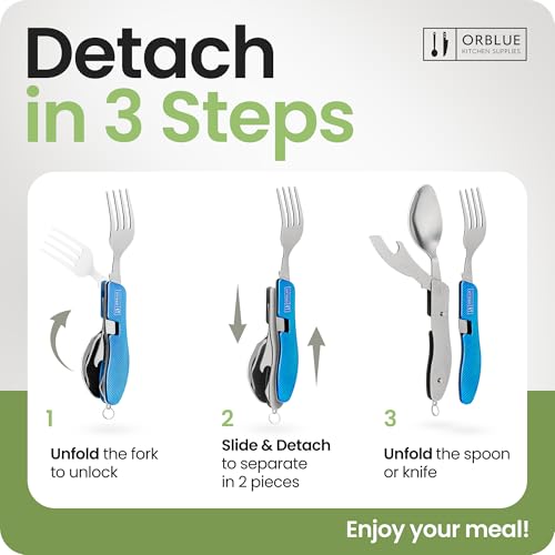 Orblue 4-in-1 Camping Utensils, 1-Pack, Portable Stainless Steel Spoon, Fork, Knife & Bottle Opener Combo Set - Travel, Backpacking Cutlery Multitool, Blue - color: 1-PACK Ultramarine Blue