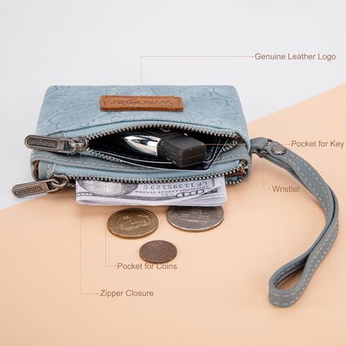 Montana West Wrangler Coin Purse for Women RFID-blocking Floral Embossed Change Pouch Wristlet Wallet Lightweight Portable Wallets Blue - color: Embossed Jean