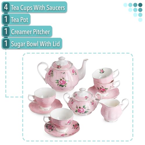 BTaT- Floral Tea Sets for Adults, 13 pcs, Service for 4, Pot (38 oz) & Cups (8 oz) with Saucers, Pastel Pink Floral Design with Gift Box, Porcelain Tea Set for Adult, Dishwasher Safe - color: Pink