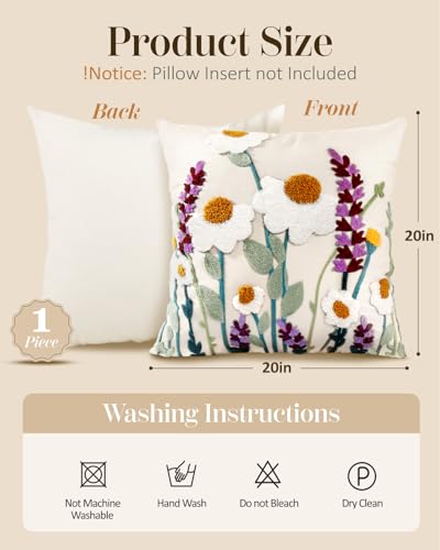 Embroidered Throw Pillow Cover, 20x20 Inch, Wildflower - color: Wild Floral, size: 20" x 20" (Pack of 1)