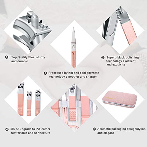 Manicure Set, Travel Mini Nail Clippers Kit Pedicure Care Tools, 10pcs Stainless Steel Grooming kit (Pink) - color: Pink