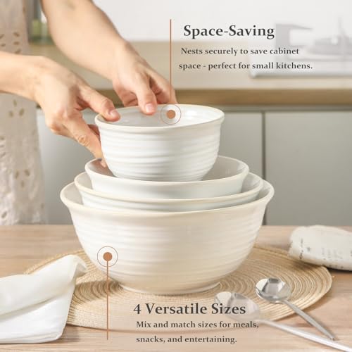 Hasense Ceramic Mixing Bowls, 2.1/1.5/1.0/0.5 Qt, Nesting Bowls for Cooking, Baking, Serving Dishes for Salad, Fruits, Popcorn, Dishwasher & Microwave Safe, Set of 4, Clay-Infused White - color: Clay-Infused White, size: 20+40+65+84 Ounce